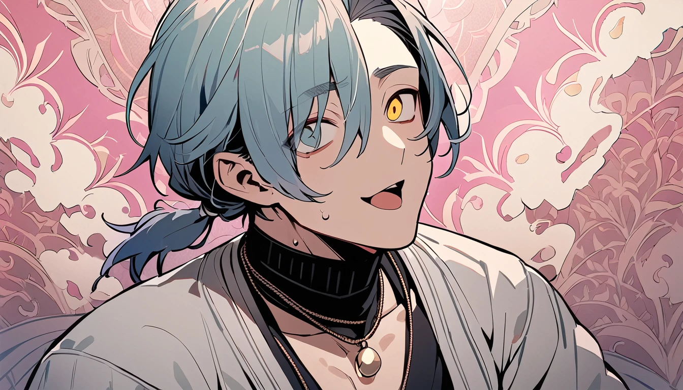 ((((best masterpiece, best quality, wallpaper,)))) solo, guy, male body, small muscles, flat chest, 1male, 30 years old, handsome man, dramatic angle, upper body, looking at viewers, beautiful detailed, tongue out, mediumturquoise hair, ((((Lower short ponytail)))), asymmetrical bangs, ((short hair,)) blush stickers, sweat, ((( jitome, gold eyes, ^o^, tareme, droopy eyes,))) (((perfect face, extremely detailed eyes,))) perfect hands, sharp nose, clear face, black turtleneck, grey cardigan, ((silver piercing, pendant,)) leggings, pink background color ultrasharp, 8K, masterpiece,