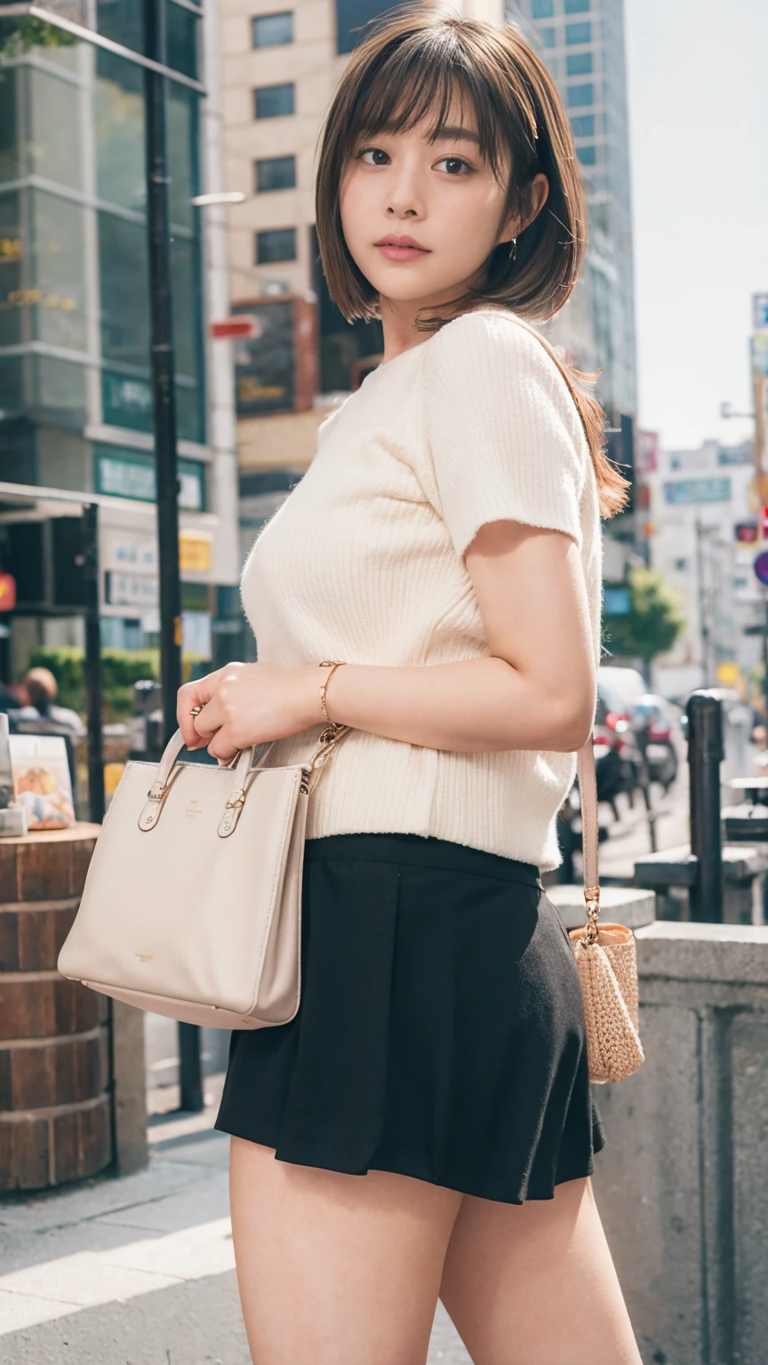 ((Viewing angle from below、Highest quality、masterpiece、32k、Every detail))、subway、stroll、Systemic manifestations、Messenger bag、(( I always carry my bag across my body.:1.12))、One Girl, alone、(((mini skirt, No underwear:1.22)))、Large Breasts、barefoot, High heels