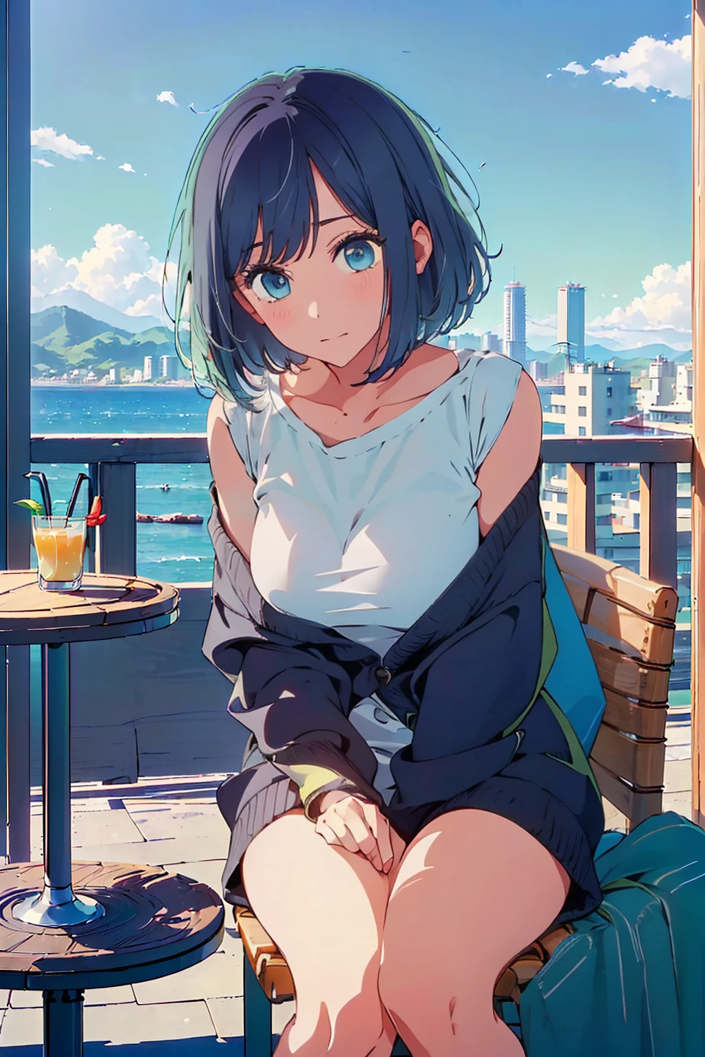 (Highest quality:1.4、masterpiece:1.4、Super detailed:1.4、Ultra-high resolution:1.4、8K:1.4)、Slim body、Big Breasts、((((1 person、Surprised expression、sit、Chair、In the background are the urban buildings of Tokyo、looking at the camera、coastal、Outdoor café terrace、juice、Get up close and take a photo、table、Very cute face))))、((((nude、very beautiful areola))))、(Pose with hands tucked behind ears:1.4、Cheek resting on hand:1.4)、(((Take off the black off-the-shoulder cardigan)))、Bikini as innerwear、Very blue sky、A completely cloudless sky