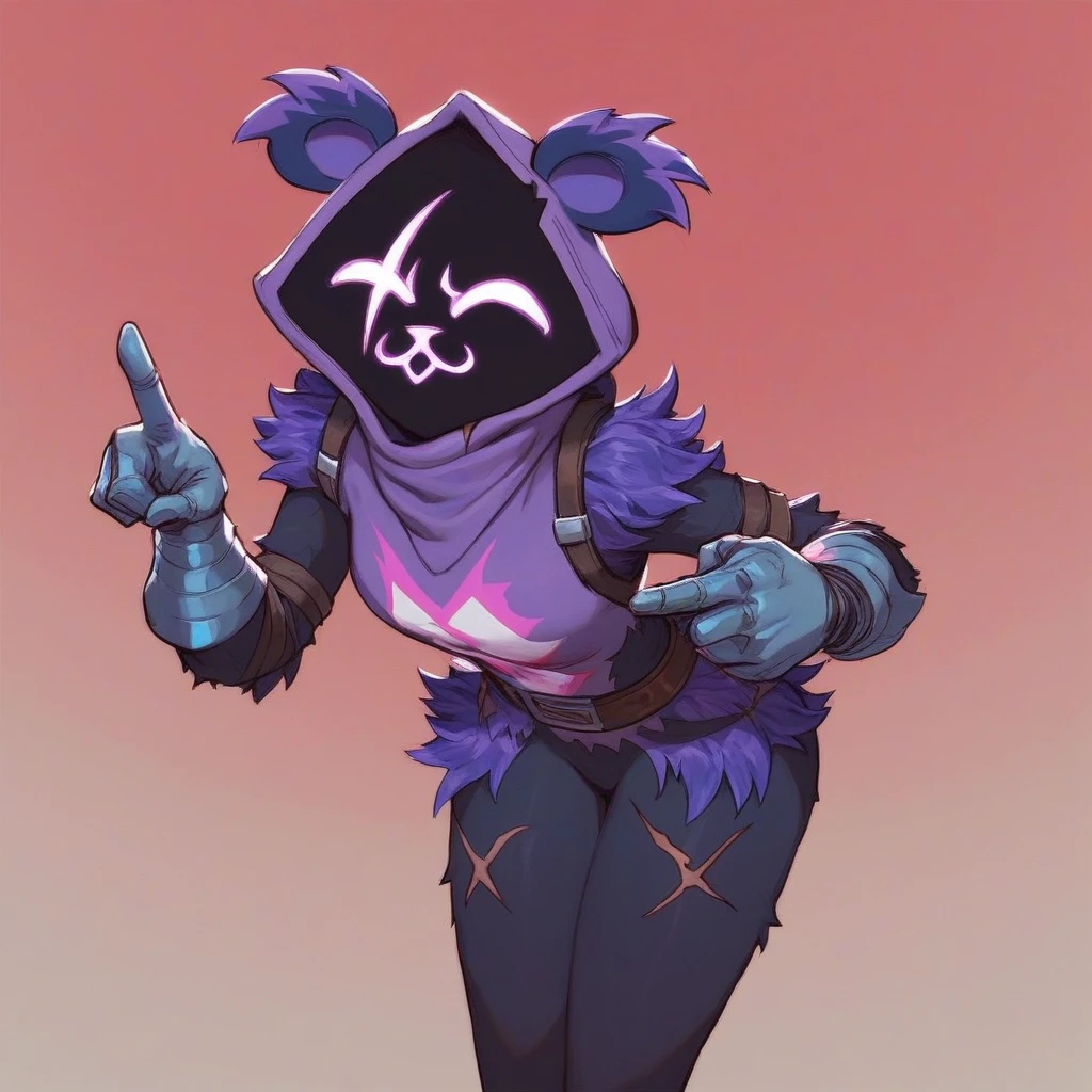 Raven team leader,purple hoodie, with no face, shadowed face, animal ears,purple skin, scar on eye, body skin, purple fur, waist belt, torso symbol, metal gloves, pointing your ass at the viewer, leaning forward, pushing, she closes her eyes, hands resting on top of a small wall, her with her eyes closed, hands are not in the air, expression of force, clear and blue day