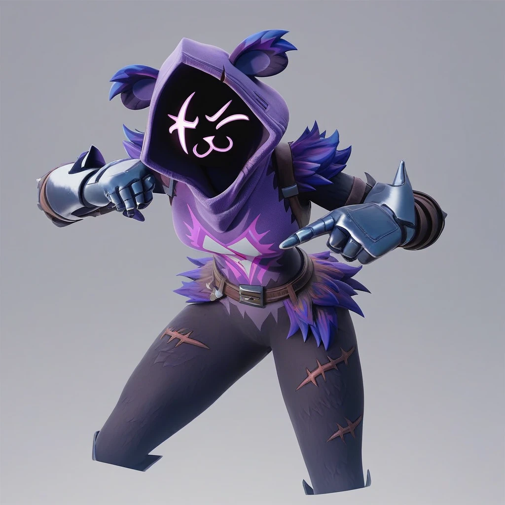 Raven team leader,purple hoodie, with no face, shadowed face, animal ears,purple skin, scar on eye, body skin, purple fur, waist belt, torso symbol, metal gloves, pointing your ass at the viewer, leaning forward, pushing, she closes her eyes, hands resting on top of a small wall, her with her eyes closed, hands are not in the air, expression of force, clear and blue day