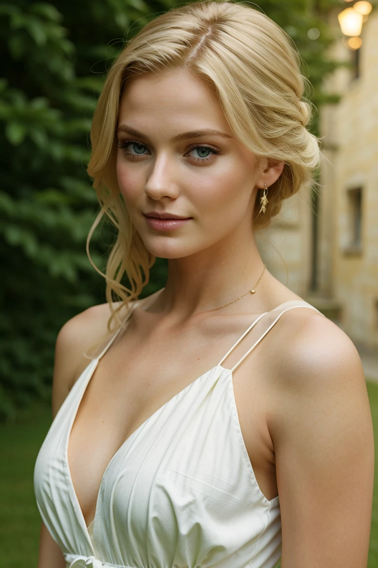 Belle femme européenne, cheveux blond, yeux vert, 25 ans, été , robe de soirée