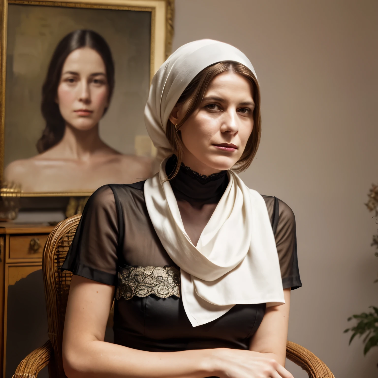1woman LaGermania posing in identical clothes as Anna McNeill Whistler in front of Whistler's Mother. LaGermania sits in a dark, high-backed chair, her figure draped in a voluminous, black silk dress with a simple yet elegant design, featuring a high neckline and long sleeves with delicate lace cuffs. She wears a modest white bonnet, made of fine linen, tied under her chin, and a soft, white shawl draped over her shoulders. The background includes the Whistler's Mother painting, framed in a simple, understated black frame, with its stark, gray walls and subtle, decorative elements. LaGermania’s pose is formal, her hands resting on her lap, with a serene, contemplative expression, capturing the dignified and somber atmosphere of the original portrait.