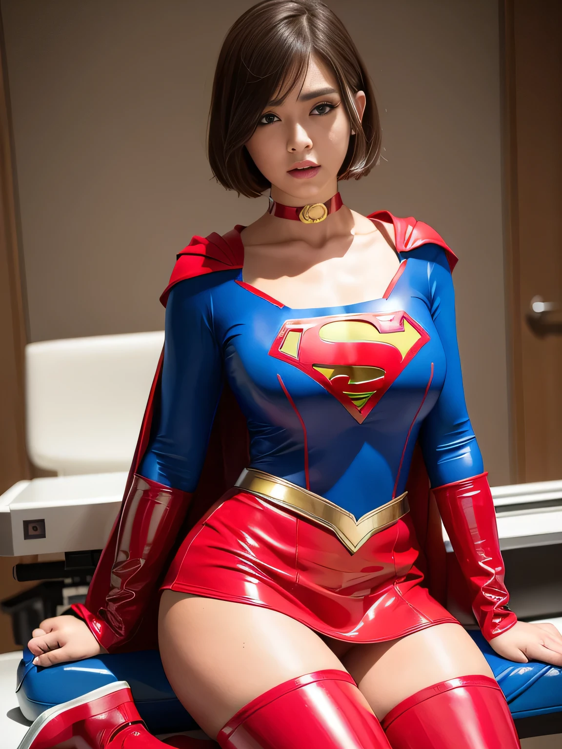 masterpiece、Latex Supergirl Costume、short hair、operating table、Patent leather boots、Big and ample 、choker、Long sleeve、Red mini skirt、Looking at the camera、Off the shoulder、Beautiful Body、