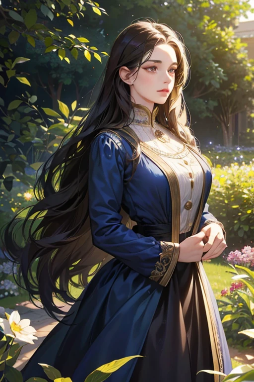 a woman with long wavy dark hair, beautiful detailed golden eyes, delicate features, wearing a navy blue dress, standing in a lush garden, 1800s aristocratic portrait, (best quality,4k,8k,highres,masterpiece:1.2),ultra-detailed,(realistic,photorealistic,photo-realistic:1.37),intricate details, cinematic lighting, dramatic colors, elegant, refined, graceful