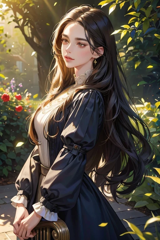 a woman with long wavy dark hair, beautiful detailed golden eyes, delicate features, wearing a navy blue dress, standing in a lush garden, 1800s aristocratic portrait, (best quality,4k,8k,highres,masterpiece:1.2),ultra-detailed,(realistic,photorealistic,photo-realistic:1.37),intricate details, cinematic lighting, dramatic colors, elegant, refined, graceful