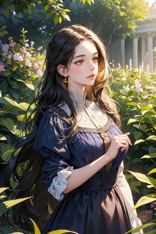 a woman with long wavy dark hair, beautiful detailed golden eyes, delicate features, wearing a navy blue dress, standing in a lush garden, 1800s aristocratic portrait, (best quality,4k,8k,highres,masterpiece:1.2),ultra-detailed,(realistic,photorealistic,photo-realistic:1.37),intricate details, cinematic lighting, dramatic colors, elegant, refined, graceful