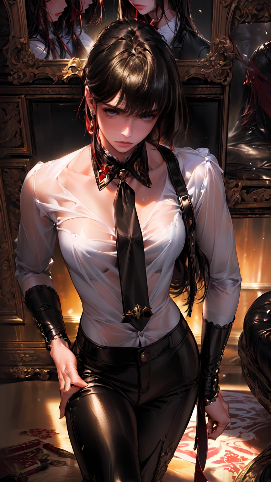 (Masterpiece, Best Quality, Ultra High Resolution , Digital Art,Beautiful and Aesthetic )Perfect proportions of the body especially the hands , not an ordinary perspective . .the whole body is covered by clothes. (strict posture , One Fashionable adult girl with a short oblique bob, slender figure, expressive and dominating look ) in modern men's suit in youth style , matte black color , lovely thin white but long tie , (silk thick threads of red color connect the necklines on the sides of the whole suit) , . The character sits on a large massive sofa with lots of leather and metal patterns on it in vintage style , an interesting and atmospheric pose that characterizes the character ,(Photorealistic style combined 2.5D . Realistic picture , realistic anatomy , beautiful perspective . Best image quality , depth , pastel color , Natural shading , focus on the face , Big Hair ( black with red gelding ) , well detailed eyes , detailed background in modern boudoir style . )