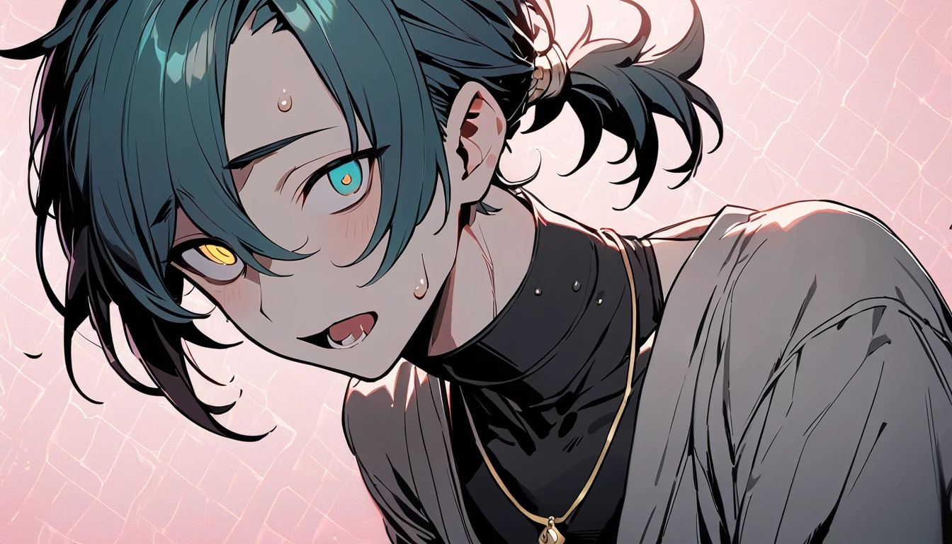 ((((best masterpiece, best quality, wallpaper,)))) solo, guy, male body, small muscles, flat chest, 1male, 30 years old, handsome man, dramatic angle, upper body, looking at viewers, beautiful detailed, tongue out, mediumturquoise hair, ((((Lower short ponytail)))), asymmetrical bangs, ((short hair,)) blush stickers, sweat, ((( jitome, gold eyes, ^o^, tareme, droopy eyes,))) (((perfect face, extremely detailed eyes,))) perfect hands, sharp nose, clear face, black turtleneck, grey cardigan, ((silver piercing, pendant,)) leggings, pink background color ultrasharp, 8K, masterpiece,