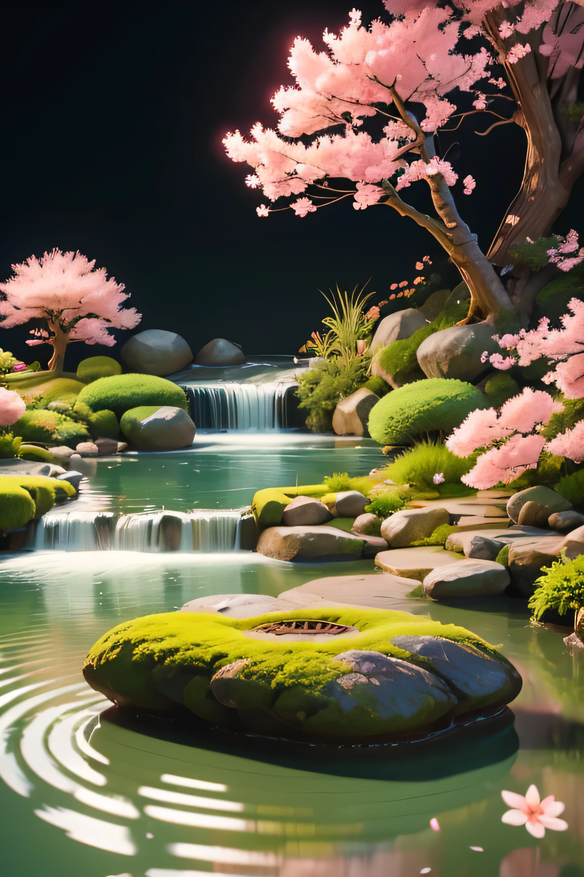 A serene scene featuring traditional Japanese elements such as a koto and shakuhachi. The background shows a calm Japanese garden with cherry blossoms and a flowing stream, all in a relaxing LOFI aesthetic.
