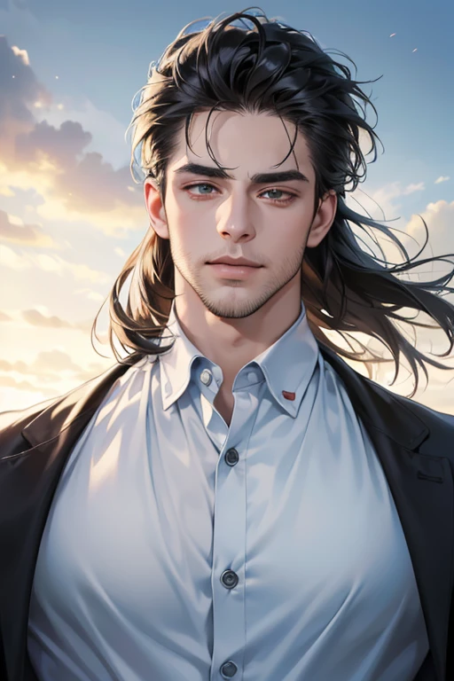 (best quality,4k,8k,highres,masterpiece:1.2),ultra-detailed,(realistic,photorealistic,photo-realistic:1.37),30 year old man,3 day beard,handsome anime,portraits,strong,masculine,dark hair,sharp jawline,mesmerizing eyes,perfectly styled hair,cool anime outfit,confident expression,vibrant colors,dynamic lighting, CEO and expression smile in love.