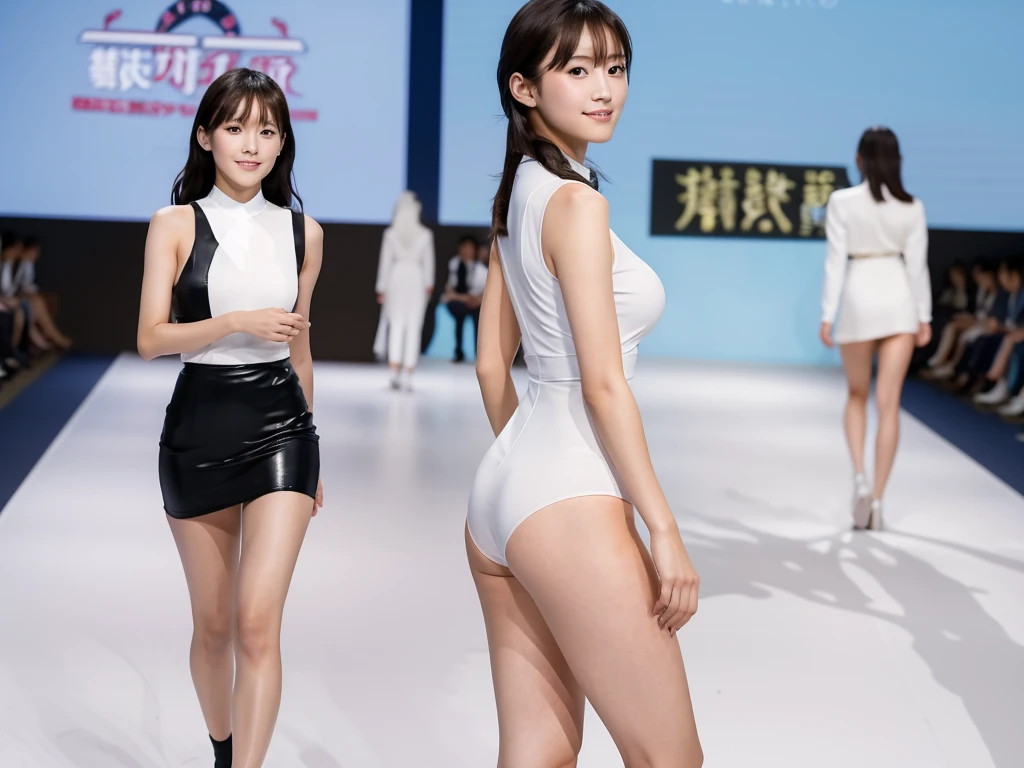A live-action photo of an extremely beautiful Japanese high school girl race queen who highlights her large breasts and beautiful legs.、Photographed walking down the runway at the new Victoria&#39;s Secret lingerie fashion show wearing the latest lingerie、She is an eternal idol who combines a clean look with modern charm.。 She creates such beauty。 She feels her own warmth。 She creates a warm atmosphere。 We create beauty。 That&#39;s what I want to say。 In her full body photo、The figure features porcelain-like skin and golden hair that radiates a soft glow.。 This is probably、It captured the essence of her timeless charm.、This is the best shot ever.。 Each straight line and curve is carefully expressed.、Breathtakingly beautiful with impeccable detail。 This piece perfectly captures her timeless beauty.。 Divine Proportions、Sharp focus、Full-body photo taken by Kishin Shinoyama、high quality、High resolution、Detailed Background
