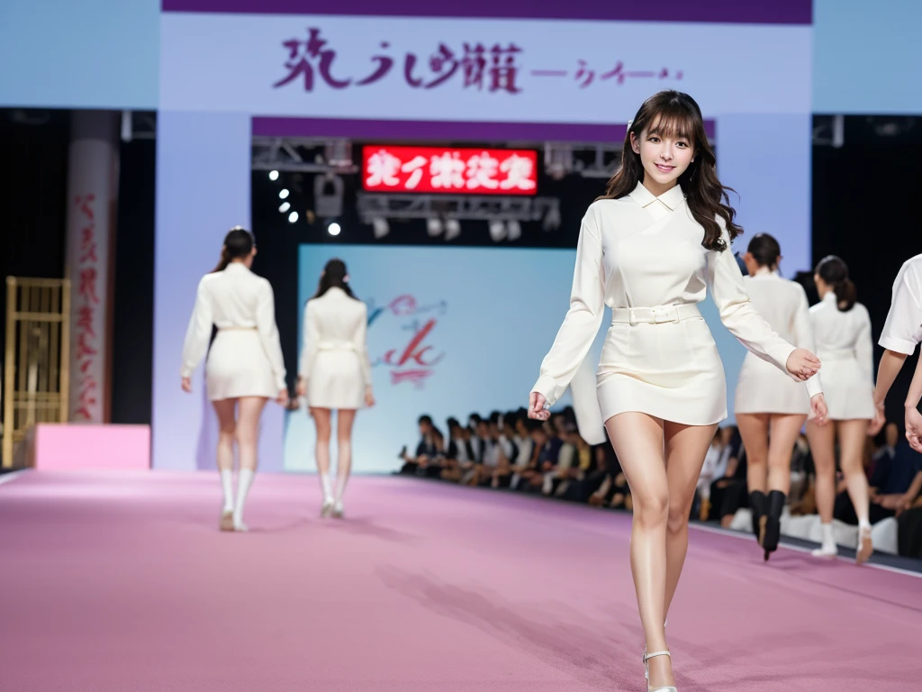 A live-action photo of an extremely beautiful Japanese high school girl race queen who highlights her large breasts and beautiful legs.、Photographed walking down the runway at the new Victoria's Secret lingerie fashion show wearing the latest lingerie、She is an eternal idol who combines a clean look with modern charm.。 She creates such beauty。 She feels her own warmth。 She creates a warm atmosphere。 We create beauty。 That's what I want to say。 In her full body photo、The figure features porcelain-like skin and golden hair that radiates a soft glow.。 This is probably、It captured the essence of her timeless charm.、This is the best shot ever.。 Each straight line and curve is carefully expressed.、Breathtakingly beautiful with impeccable detail。 This piece perfectly captures her timeless beauty.。 Divine Proportions、Sharp focus、Full-body photo taken by Kishin Shinoyama、high quality、High resolution、Detailed Background