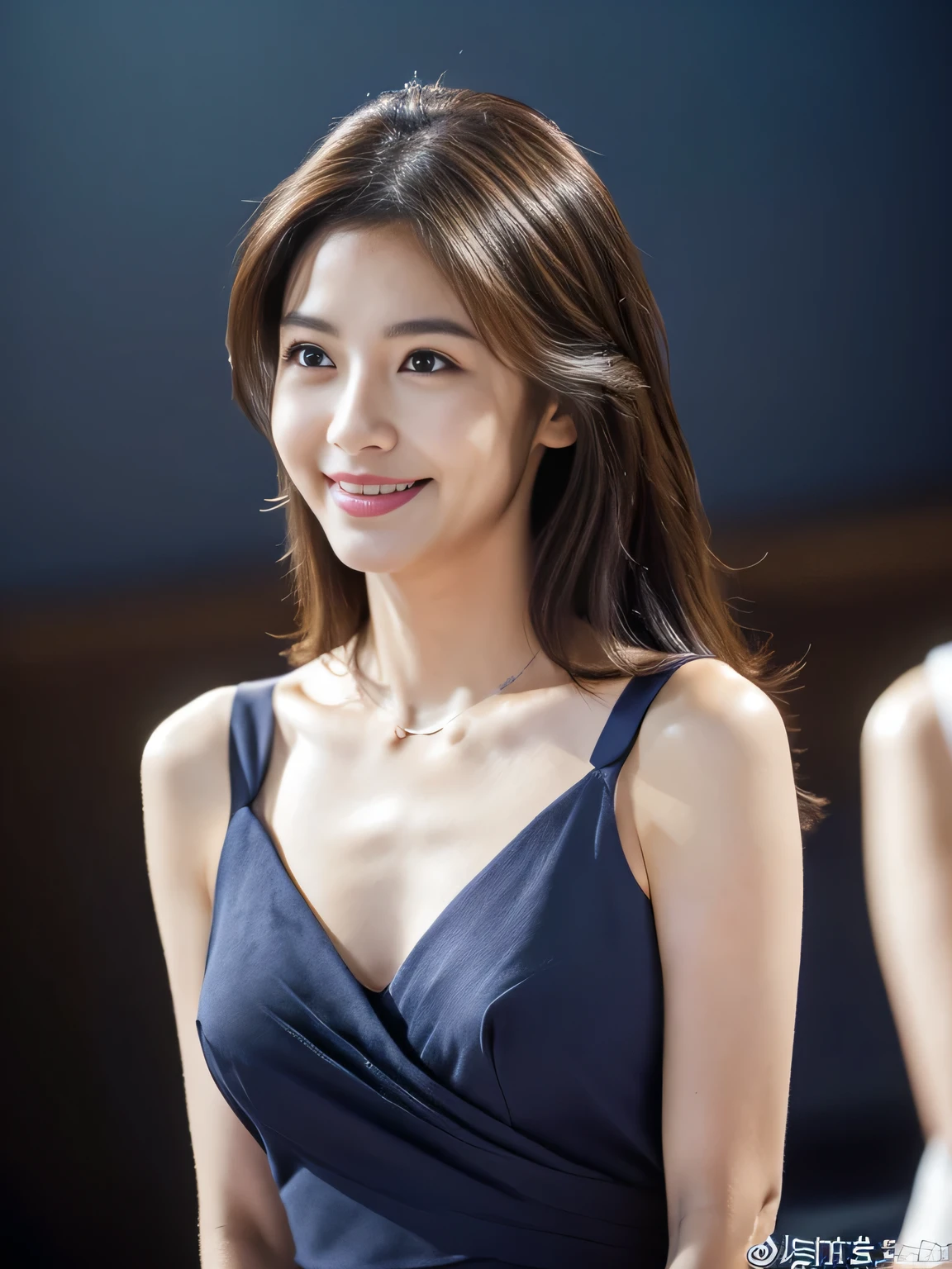 (RAW Photos), (Photorealistic), (masterpiece), (Highest quality), High resolution, 8K, (Intricate details), (Volumetric light), Portraiture, woman, 30 years old, Medium Hair, middle , Layered Hair, Brown Hair, Very beautiful eyes, Source order, Very thin eyebrows, Very fine skin, Very beautiful mouth, Very nice nose, Cute like an idol, Smile, (Thick lips), (Looking at the audience), (Sexy andegant navy blue see-through dress), (Full Body Shot), Bodies facing random directions,