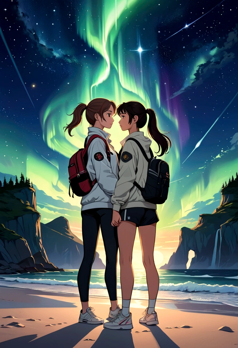 A captivating, futuristic anime illustration shows two women, Rebeca Armstrong (Kath) and Sarocha Chankimha (Lin), deeply in love. Kath is wearing a sports outfit with shorts, a black sweatshirt and a light-colored light jacket and her semi-long brown hair is straight, she is carrying a sports backpack and sneakers on her left shoulder; Lin, with her beautiful Asian features, is dressed in a loose shirt with light-colored plaid details, black pants and sneakers, she carries a simple cross-body bag on her shoulder, and her dark hair is long and tied in a ponytail. horse. They are holding hands under a stunning starry sky at the seashore, their foreheads touching as they exchange loving glances. Uranus dominates the background, with a stunning northern lights shining brightly in the center. The illustration is designed like a movie poster, with intricate details, dynamic typography, and a cinematic atmosphere that transports viewers to the cinema, illustration, typography, and poster.