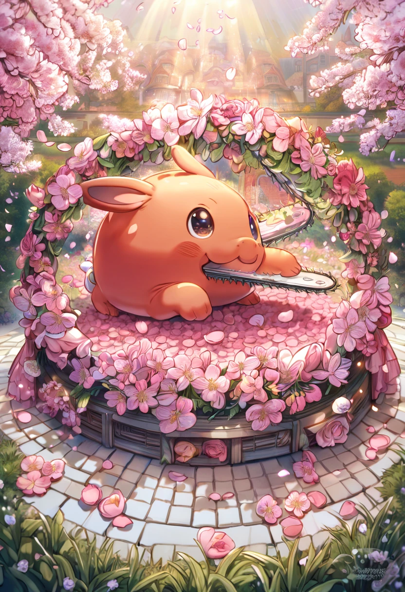 absurdres, highres, ultra detailed, HDR, master piece, Pochita, Chainsaw man, extremely cute, best quality, blossoms, pink petals, pink flowers, fantasy, magical, solo, bread,