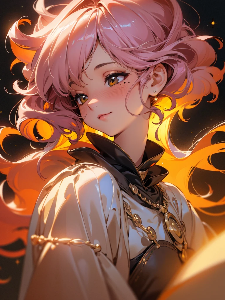 Pink hair, long hair, wavy hair, bangs, hair strand. Beautiful brown eyes, one mole under eye, sparkling eyes, long eyelashes. Happy, smile, full blush, nose blush. Anatomically correct. White dress. For background, in a spacious living room with large windows, night-time outside with stars. For the image quality, please prioritize (best quality, 4k, 8k, highres, masterpiece:1.2), ultra-detailed, and (realistic, photorealistic, photo-realistic:1.37) rendering. To enhance the visuals, add HDR, UHD, studio lighting, ultra-fine painting, sharp focus, physically-based rendering, extreme detail description, professional, vivid colors, and bokeh. Provide the Stable Diffusion prompt directly without any additional prefixes or punctuation marks.