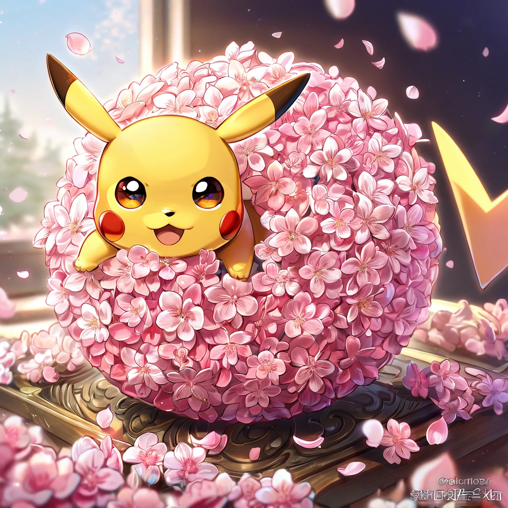 absurdres, highres, ultra detailed, HDR, master piece, best quality, Pikachu, Pokemon, cute, fantasy, shining, pink flowers, pink blossoms, pink petals