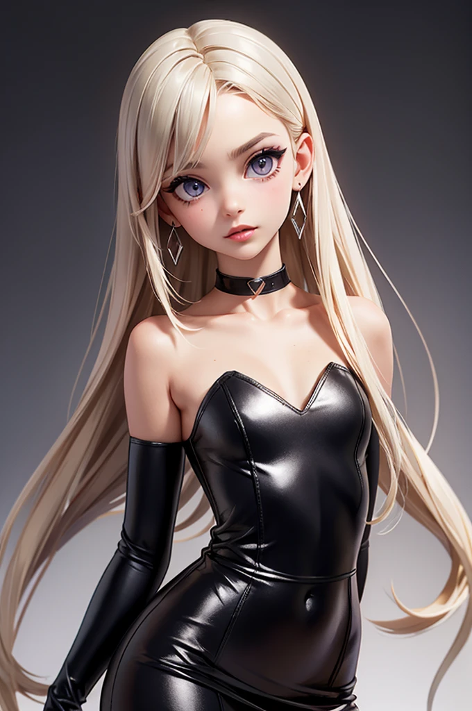 (nightclub) hyperrealistic 14 year old american teen, blonde, perfect tiny body, sexy, dark makeup, small choker, perfect slim face, big red lips, very cute face, tiny body, big eyes, young looking, childish looking, big earrings, silver top, silver tight skirt, full body