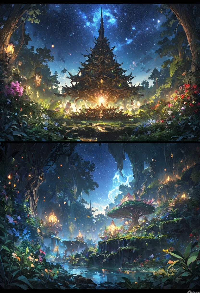 Detailed beautiful fantasy magical plants forest, Starry night sky, Dark mysterious background, 发光的紫红色light, Yggdrasil, the World Tree, (best quality,4K,8K,high resolution,masterpiece:1.2),Extremely detailed,(Practical,photoPractical,photo-Practical:1.37),Intricate details,Concept Art,number,Very detailed,light,戏剧light,Vibrant colors,sharp contrast