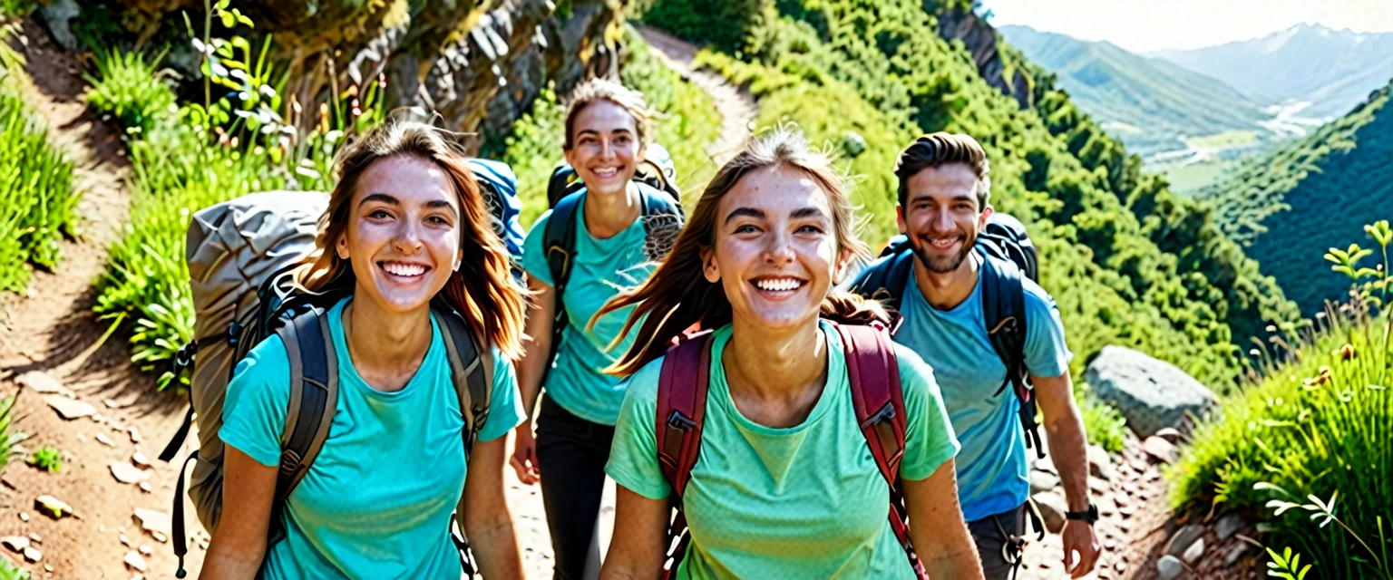 Group of happy backpackers trekking on a sunny day. Young tourists traveling and enjoying active summer holidays. Smiling woman looking at the camera and waving walking down a hiking trail with friends