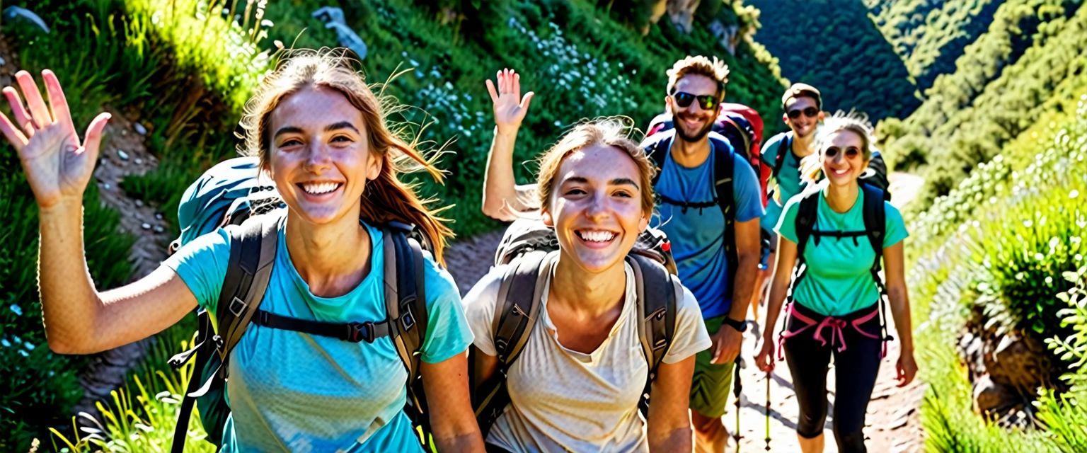 Group of happy backpackers trekking on a sunny day. Young tourists traveling and enjoying active summer holidays. Smiling woman looking at the camera and waving walking down a hiking trail with friends