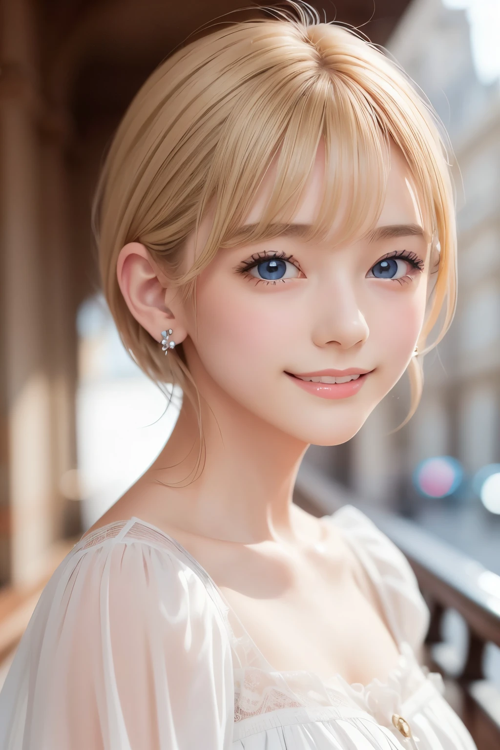 (8K, Highest quality, masterpiece: 1.2), Super detailed, Highest quality, Ultra-high resolution, Super Short Hair, side lock hair, Earrings, Silky blonde, smiling, Professional Lighting,, Paris , Storm scene, Edwardian woman in white, watercolor