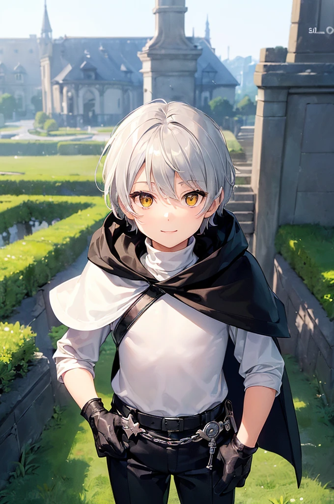 (masterpiece; best quality: 1.2), (finely detailed eyes: 1.3), ((1 male young ???)), ((solo)), (yellow eyes: 1.4), (adorable; short, slender: 1.3), (short white hair: 1.3), (beautiful and clear background: 1.2), ((depth of field)), (clothes: silver armor + black turtleneck + black pants + black cape + black gloves + satchel: 1.3), (anime illustration: 1.2), (background; garden exterior: 1.1), (extremely fine and handsome: 1.1), (shot composition; standing + close-up: 1.5), (expression; calm, smile: 1.2)