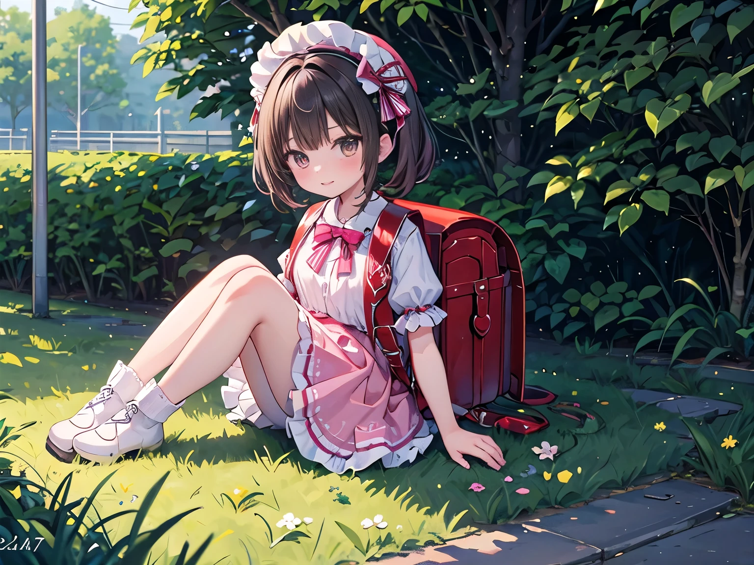 masterpiece, highest quality, High resolution, very detailed, detailed background, cinematic lighting, 1 girl,, looking at the viewer, barefoot, Lolita dress,cute dress, polkadot,  sitting, wearing white long socks, white pantyhose, wearing heeled boots, (boots:1.2), short sleeve, looking at the viewer, Grass, short hair, smile, dark brown hair, medium hair, twintails, plump sleeves, outdoor, puffy short sleeve, bangs, full body, wearing red Backpack, (Backpack:1.2), pink dress, Day, brown eyes
