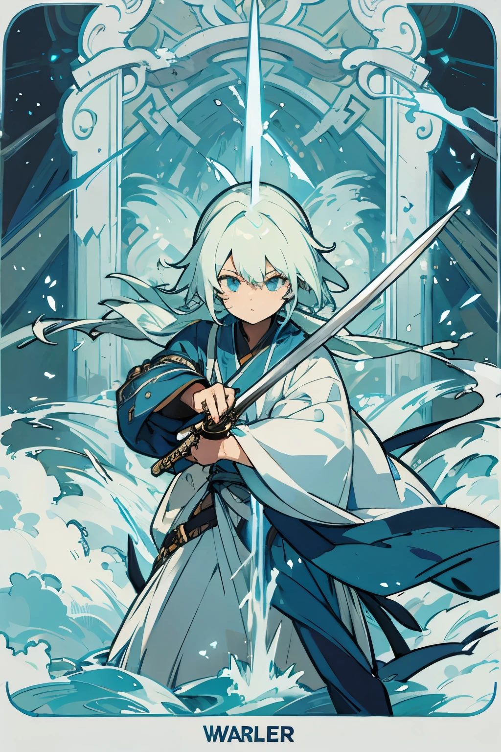 A charater with sword and lighting elemen in waterfall