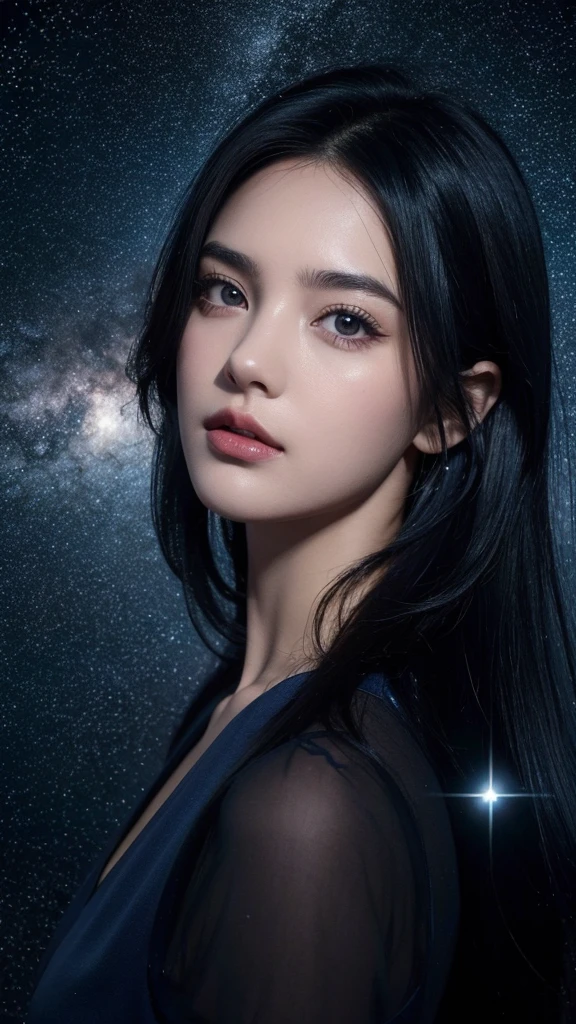 Hyperrealistic photo,girl dark blue hair, with stars background, espejo amarillo , reflejando las estrellas
