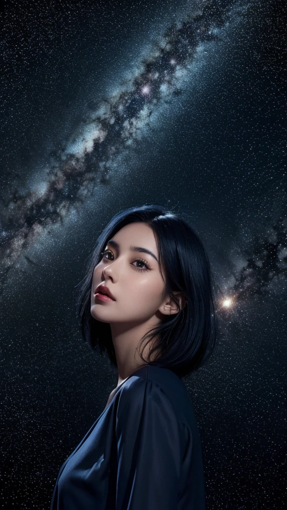 Hyperrealistic photo,girl dark blue hair, with stars background, espejo amarillo , reflejando las estrellas