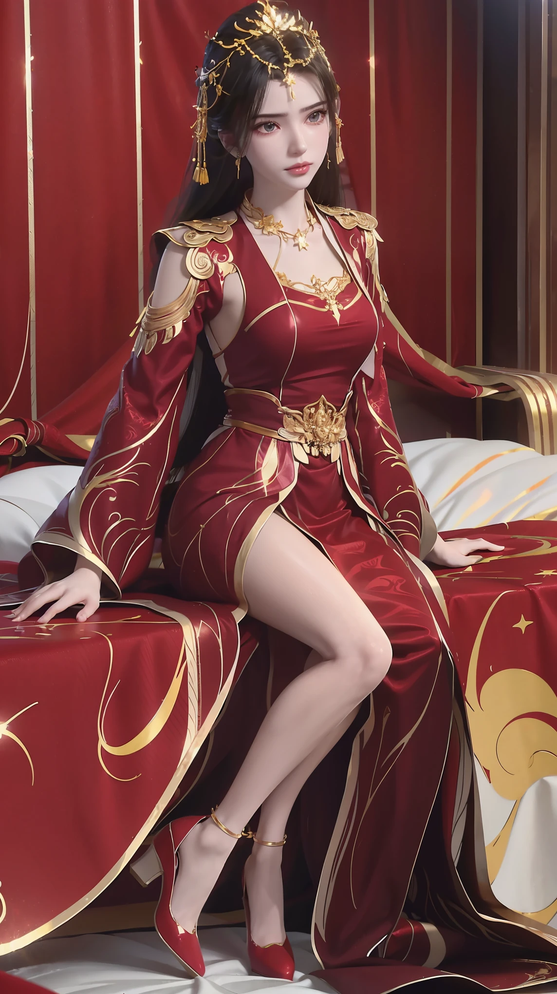 一个穿着红色衣裙的女孩躺在Starry Sky下的床上,Exquisite smile,Beautiful and delicate eyes,Beautiful and delicate lips,Extremely detailed face and eyes,Long eyelashes,Full body,Flowing hair,best quality,excellent work,Super,(Reality:1.4),RAW photos,(Beautiful face:1.2),(Lying in bed:1.5),1 girl,(absurd),(8K), (4K),Octane Rendering,Starry Sky,((Full body view)),Wearing red crystal high heels,Cross-legged