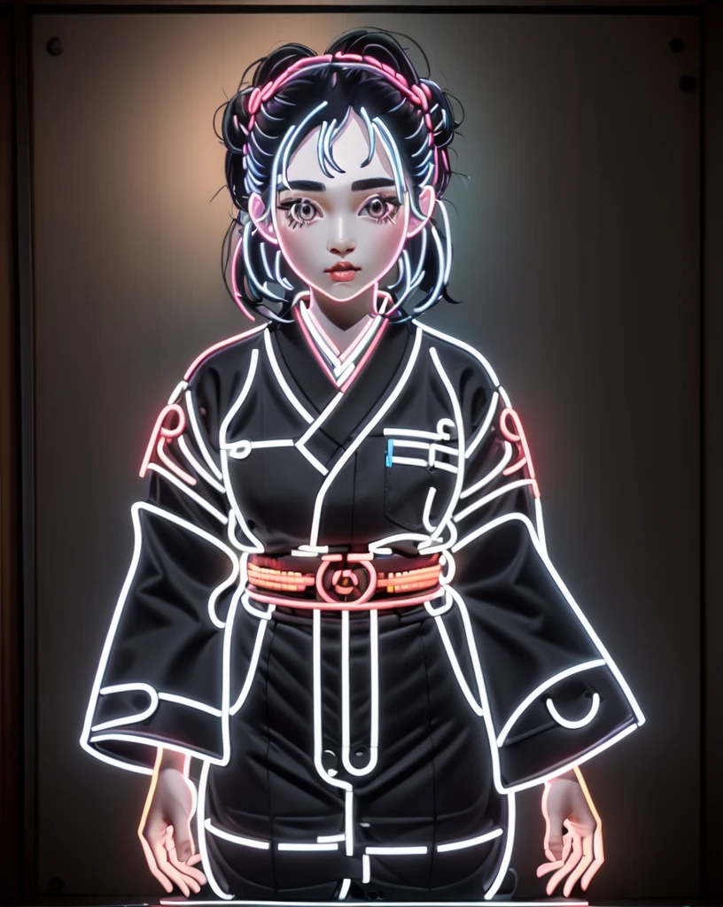 man, standing, black hair, skinny boby, emoji, cowboy shot, parted lips, japanese clothes, solo focus, artist name, indoors, hand up, signature, wide sleeves, medium hair, kimono, hair bun, neon sign, neon, neon lights
