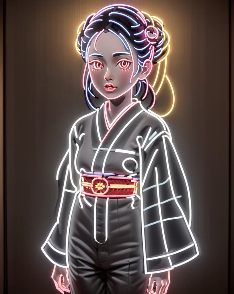 man, standing, black hair, skinny boby, emoji, cowboy shot, parted lips, japanese clothes, solo focus, artist name, indoors, hand up, signature, wide sleeves, medium hair, kimono, hair bun, neon sign, neon, neon lights