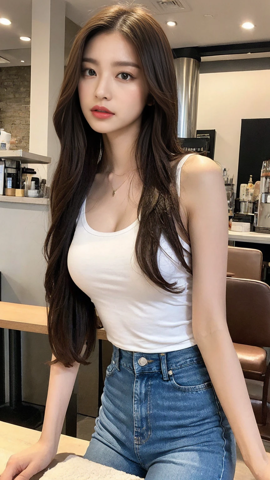 （Realistically， High resolution：1.3）， One girl with a perfect body， Very beautiful face and eyes，Long white hair， Random color tank top：1.2， Short Jeans Pants， At the cafe， Coffee on the table， Huge ，