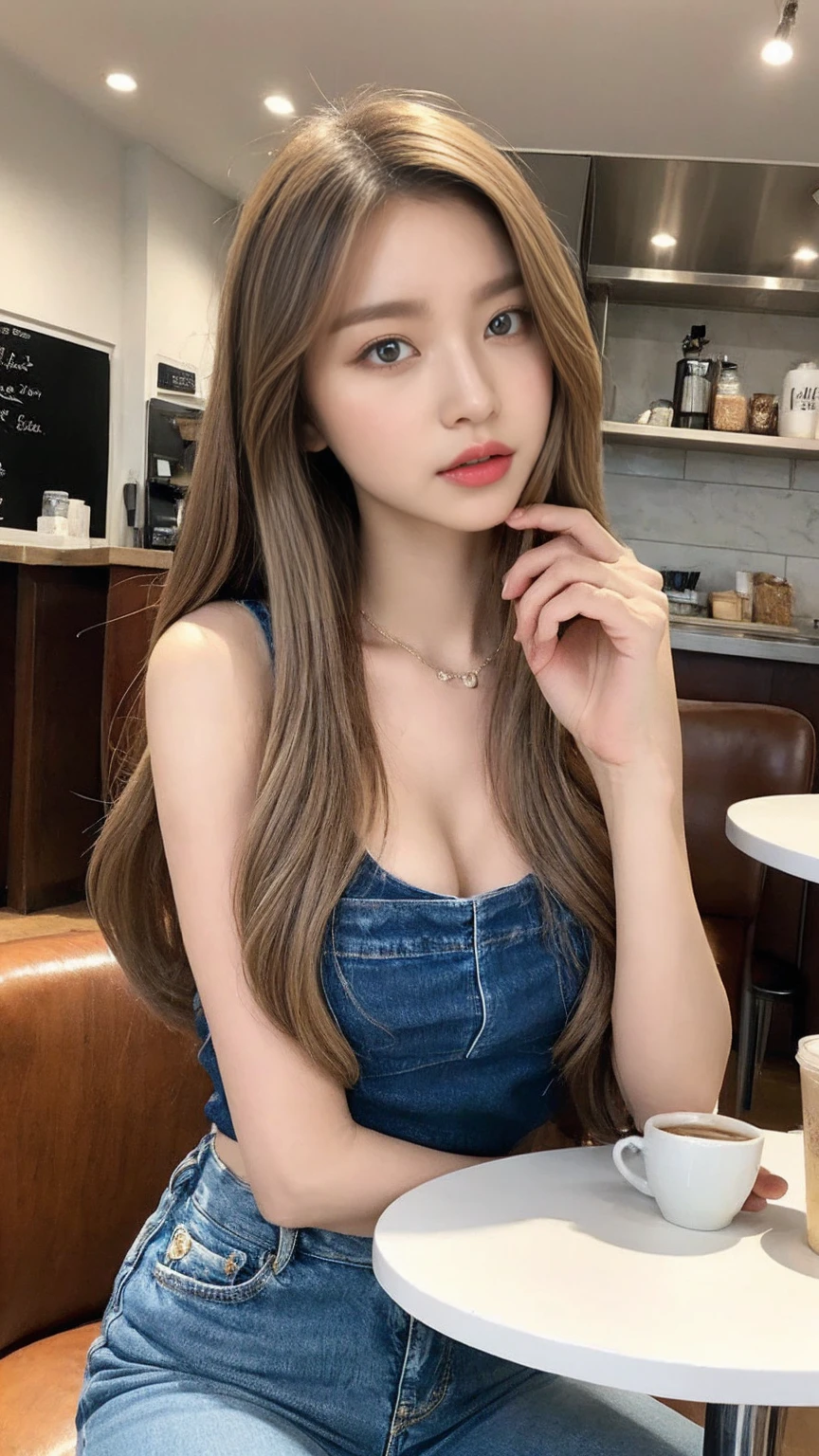 （Realistically， High resolution：1.3）， One girl with a perfect body， Very beautiful face and eyes，Long white hair， Random color tank top：1.2， Short Jeans Pants， At the cafe， Coffee on the table， Huge ，