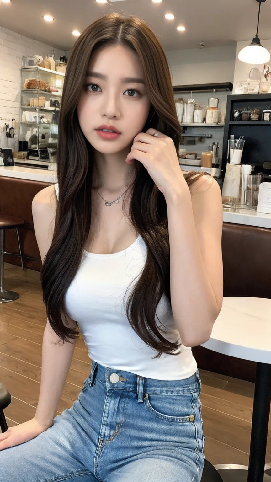 （Realistically， High resolution：1.3）， One girl with a perfect body， Very beautiful face and eyes，Long white hair， Random color tank top：1.2， Short Jeans Pants， At the cafe， Coffee on the table， Huge ，
