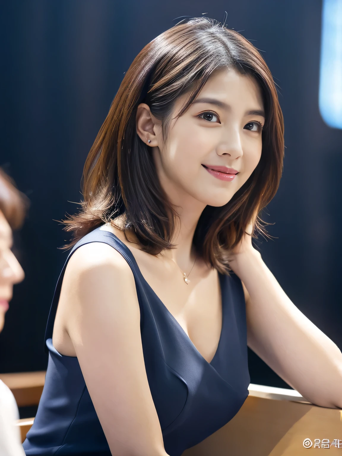 (RAW Photos), (Photorealistic), (masterpiece), (Highest quality), High resolution, 8K, (Intricate details), (Volumetric light), Portraiture, woman, 30 years old, Medium Hair, middle cleavage, Layered Hair, Brown Hair, Very beautiful eyes, Source order, Very thin eyebrows, Very fine skin, Very beautiful mouth, Very nice nose, Cute like an idol, Smile, (Thick lips), (Looking at the audience), (Sexy and elegant navy blue see-through dress), (Full Body Shot), Bodies facing random directions,