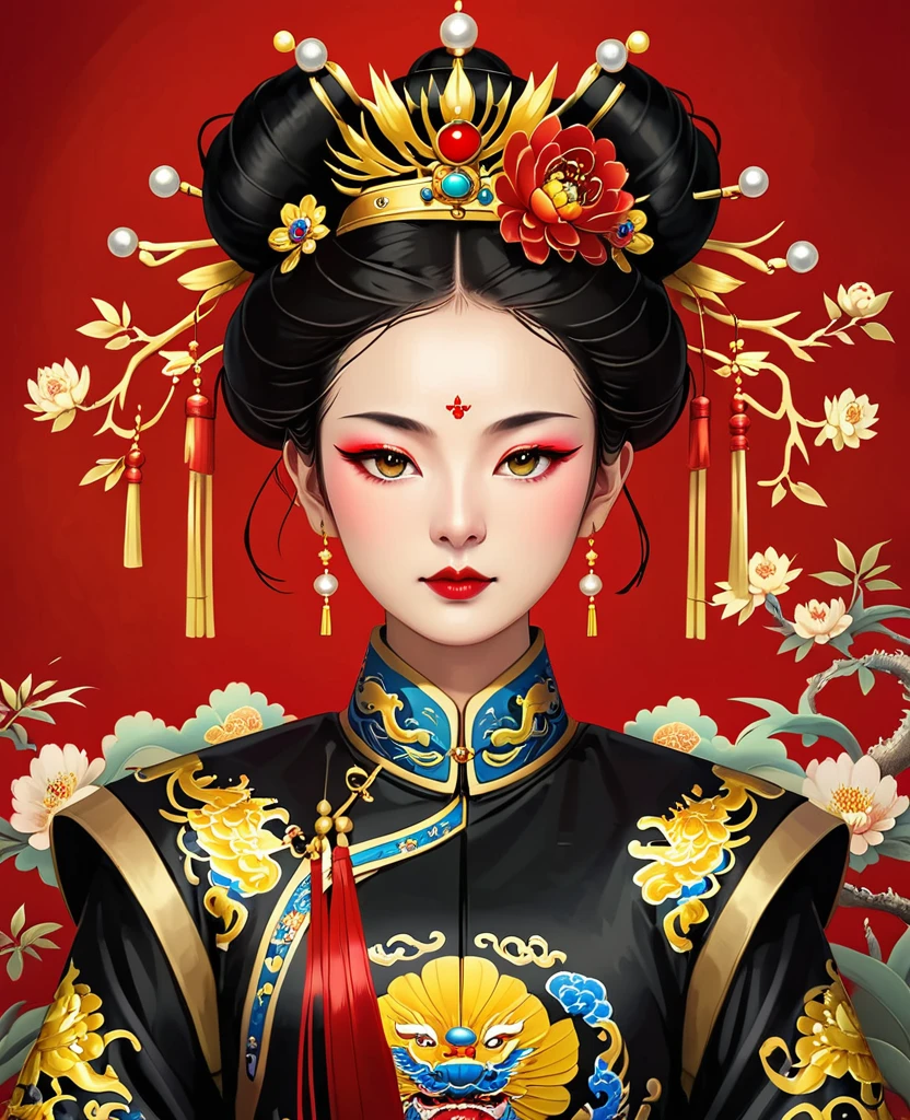 Dragon Throne:1.37.Solemn girl portrait,symmetry,Round Face,Bright Eyes,Smooth skin,Red Peony Headdress,Elegant and luxurious,wealth,Gorgeous black and gold outfit,Chinese Qing Dynasty national flag clothing,egotistical,Chinese Emperor,High bun,Gorgeous golden crown,tassel,palace,Clean background,(((Wu Zetian,Queen))),Pearl tassels,Pearl Makeup,Red background