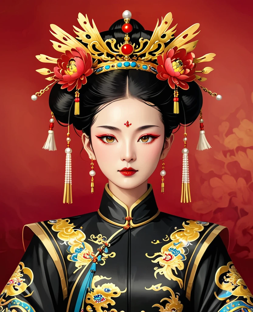 Dragon Throne：1.37.Solemn girl portrait，symmetry，Round Face，Bright Eyes，Smooth skin，Red Peony Headdress，Elegant and luxurious，wealth，Gorgeous black and gold outfit，Chinese Qing Dynasty national flag clothing,egotistical,Chinese Emperor，High bun，Gorgeous golden crown，tassel，palace，Clean background，(((Wu Zetian，Queen)))，Pearl tassels，Pearl Makeup，Red background