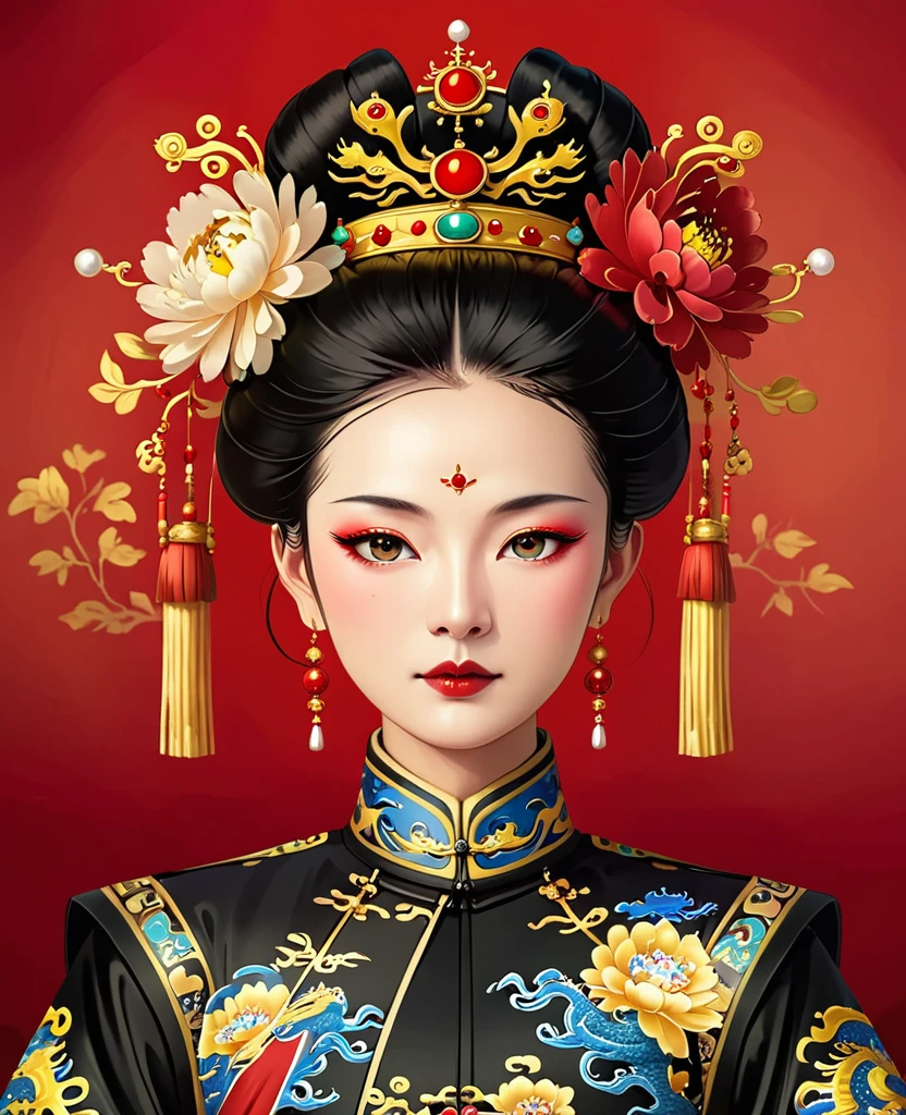 Dragon Throne:1.37.Solemn girl portrait,symmetry,Round Face,Bright Eyes,Smooth skin,Red Peony Headdress,Elegant and luxurious,wealth,Gorgeous black and gold outfit,Chinese Qing Dynasty national flag clothing,egotistical,Chinese Emperor,High bun,Gorgeous golden crown,tassel,palace,Clean background,(((Wu Zetian,Queen))),Pearl tassels,Pearl Makeup,Red background