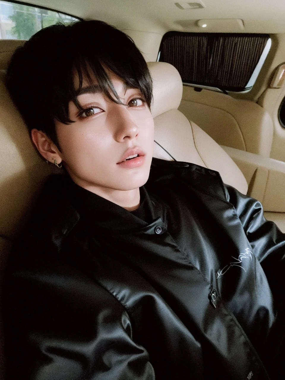 Best quality, masterpiece, ultra high res, (photorealistic:1.4), raw photo, 1boy, jewelry, (black hair:1.2), looking at viewer, cafe,realistic, closeup, sunlight, light from front, open mouth, BREAK, male look, jungkook from bts
