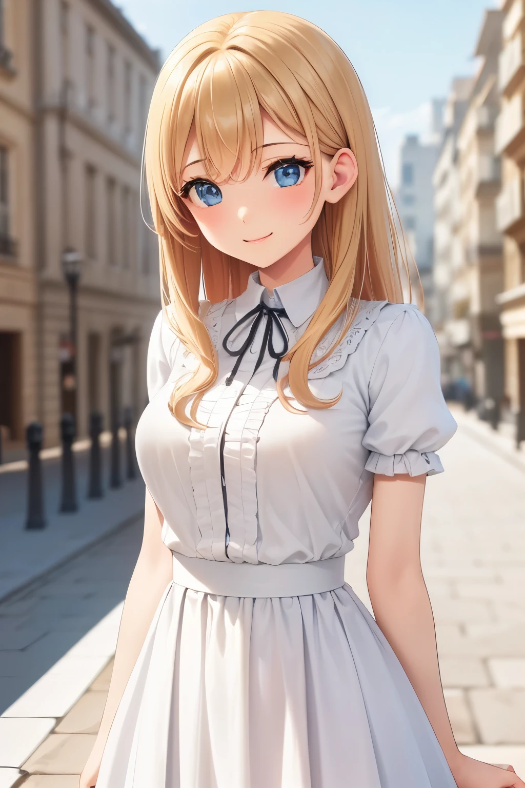 (8K, Highest quality, masterpiece: 1.2), Super detailed, Highest quality, Ultra-high resolution, Silky blonde, Professional Lighting,, Paris , Storm scene, Edwardian woman in white, watercolor  ,smiling