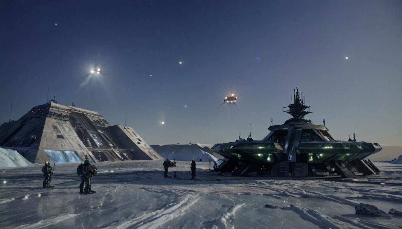 On a frozen planet, an alien spaceship of futuristic and organic design is parked on the icy surface. The ship has an imposing structure with curved shapes and luminous details that shine with blue and green tones.... Several members of the alien crew descend an extended ramp from the ship... These aliens have exotic shapes., with vibrantly colored skins and space suits adapted to the icy environment, showing advanced and incomprehensible technologies. In the background, A minimalist and brutalist concrete station is erected.. The station has straight and robust lines., with a solid and monolithic appearance, contrasting with the icy surroundings. The structure is simple but imposing., with large concrete blocks, small windows and thick walls that seem impenetrable.The sky is a deep blue with a faint glow of distant stars., and the surface of the planet is covered in ice and snow., reflecting the faint light of the distant sun. The atmosphere is cold and silent., with an air of mystery and adventure. cinematic lighting, very high resolution, 4k hyperrealistic image
