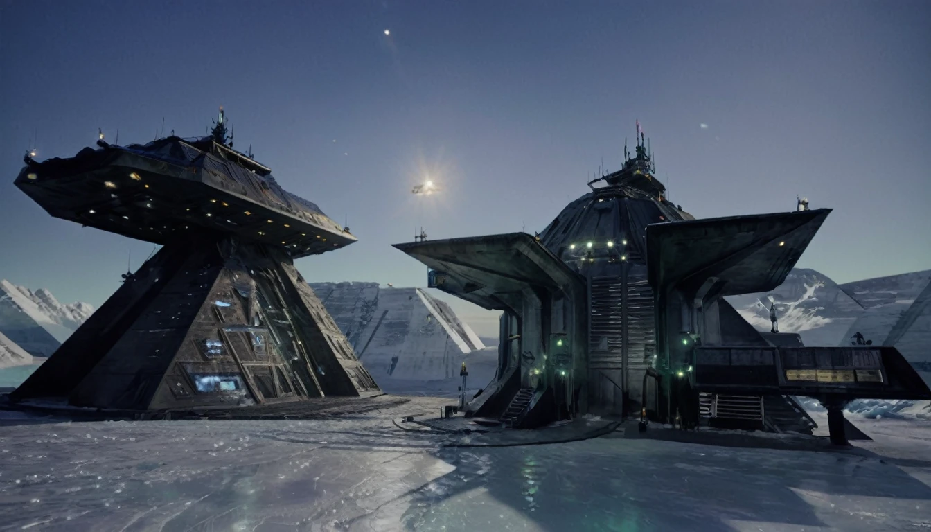 On a frozen planet, an alien spaceship of futuristic and organic design is parked on the icy surface. The ship has an imposing structure with curved shapes and luminous details that shine with blue and green tones.... Several members of the alien crew descend an extended ramp from the ship... These aliens have exotic shapes., with vibrantly colored skins and space suits adapted to the icy environment, showing advanced and incomprehensible technologies. In the background, A minimalist and brutalist concrete station is erected.. The station has straight and robust lines., with a solid and monolithic appearance, contrasting with the icy surroundings. The structure is simple but imposing., with large concrete blocks, small windows and thick walls that seem impenetrable.The sky is a deep blue with a faint glow of distant stars., and the surface of the planet is covered in ice and snow., reflecting the faint light of the distant sun. The atmosphere is cold and silent., with an air of mystery and adventure. cinematic lighting, very high resolution, 4k hyperrealistic image
