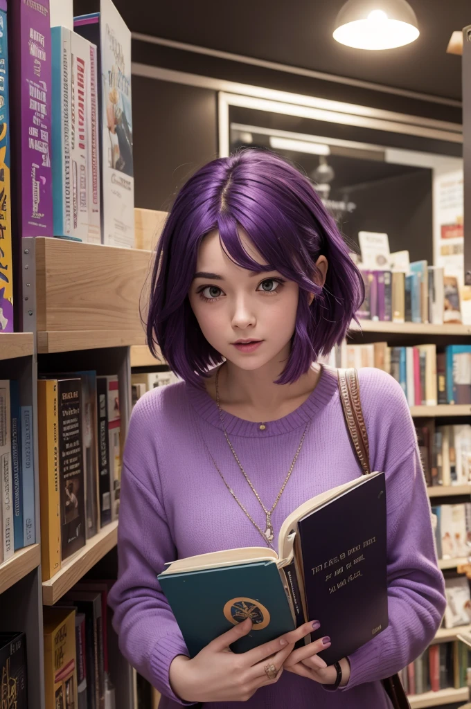I want a thrill from the movie with fun with the purple hair who is holding books