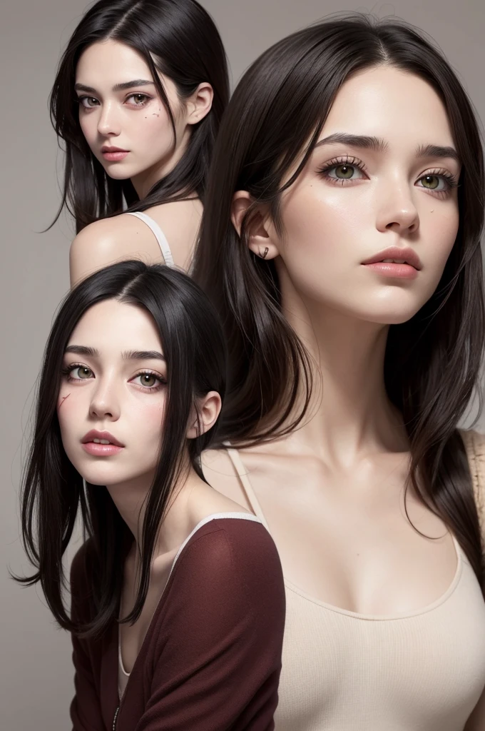 A female character in the style of (cartoon) drawning: "Vilanesco/Vilanous"; she has medium black hair, with the back of the hair dyed wine red, green eyes with dark circles, a tired look, slight smile on your face, has some scars (cutting): one on the left eyebrow, on the lip, and in the right eye. brunette skin, despite the usual disinterested or tired expression, and the scars on your face, she is still beautiful. She wears darker, looser clothes., although, beautiful and not too exaggerated. 2d/simple background/estilo preferencial do drawning é cartoon.