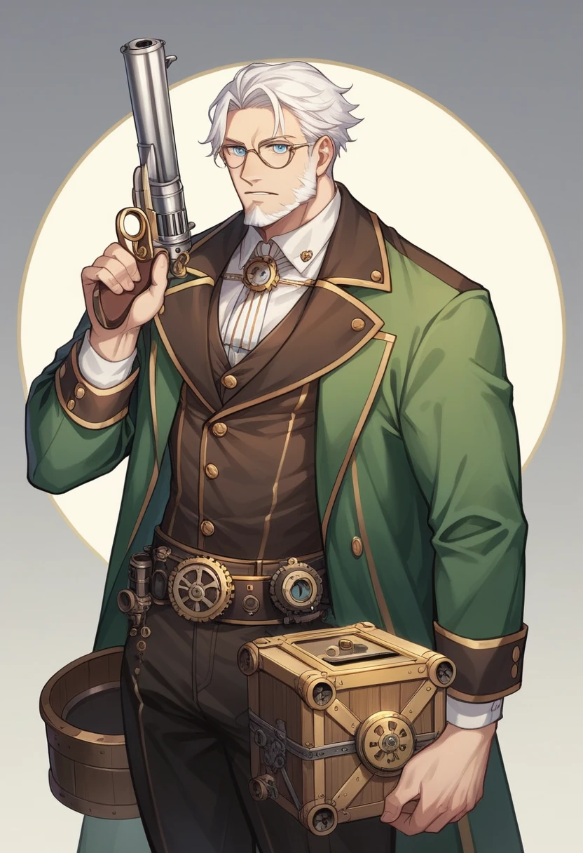 steampunk diner, blacksmith working, male, fully body, lilac eyes, mad look, glad, white hair, white bearded, steampunk glasses, steampunk tool belt, a rifle on the back, and a revolver on his waist, wearing black clothes with silver accessories, wearing a green coat with gold details, metal forge accesses in the background, gear, boxes and miscellaneous parts scattered around