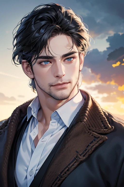(best quality,4k,8k,highres,masterpiece:1.2),ultra-detailed,(realistic,photorealistic,photo-realistic:1.37),30 year old man,3 day beard,handsome anime,portraits,strong,masculine,dark hair,sharp jawline,mesmerizing eyes,perfectly styled hair,cool anime outfit,confident expression,vibrant colors,dynamic lighting, CEO and expression smile in love.
